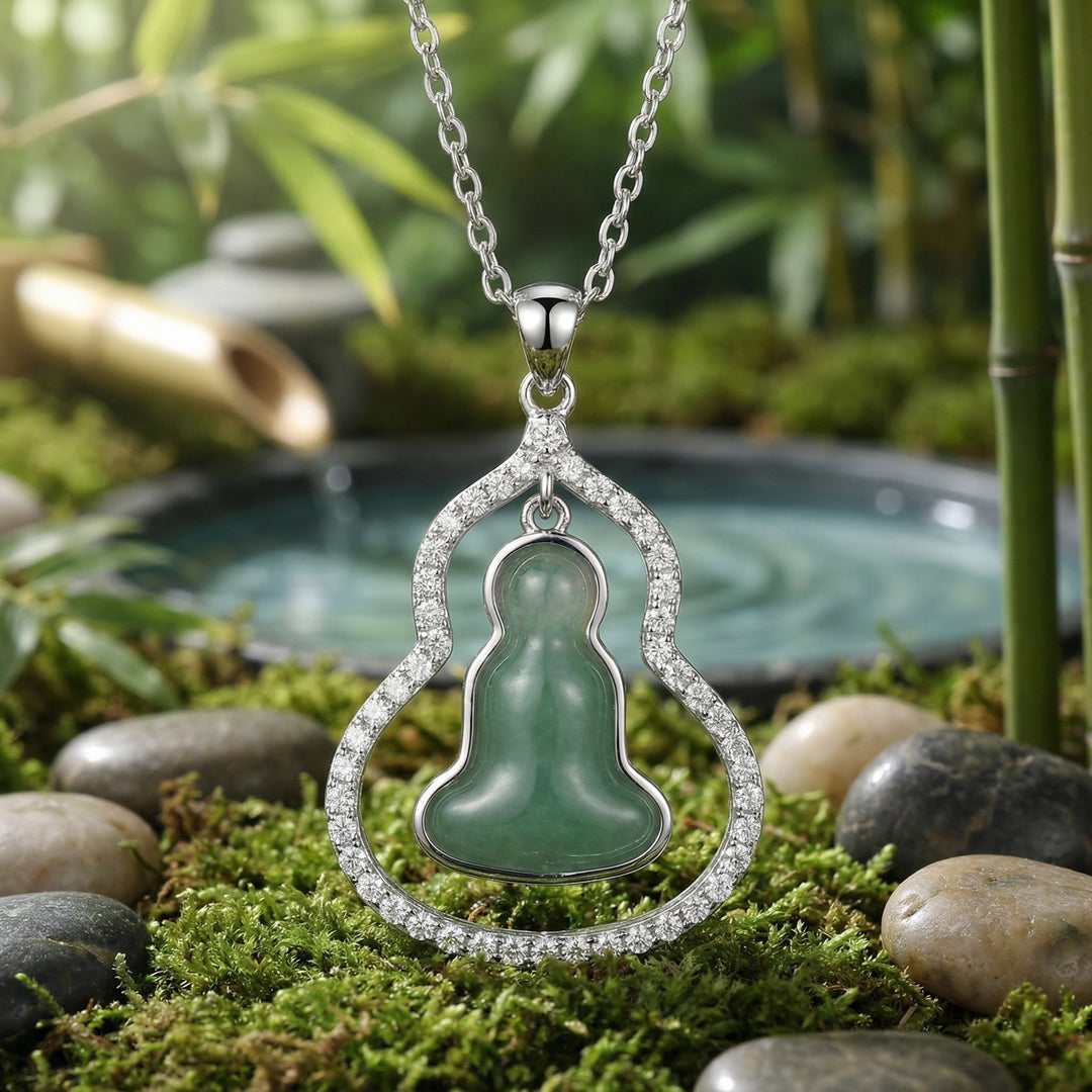 925 Sterling Silver Serene Green Jade Buddha Gourd Pendant Necklace with Crystal-Encrusted Silver Frame