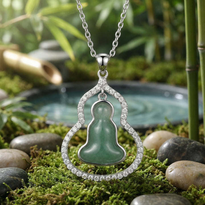 925 Sterling Silver Serene Green Jade Buddha Gourd Pendant Necklace with Crystal-Encrusted Silver Frame