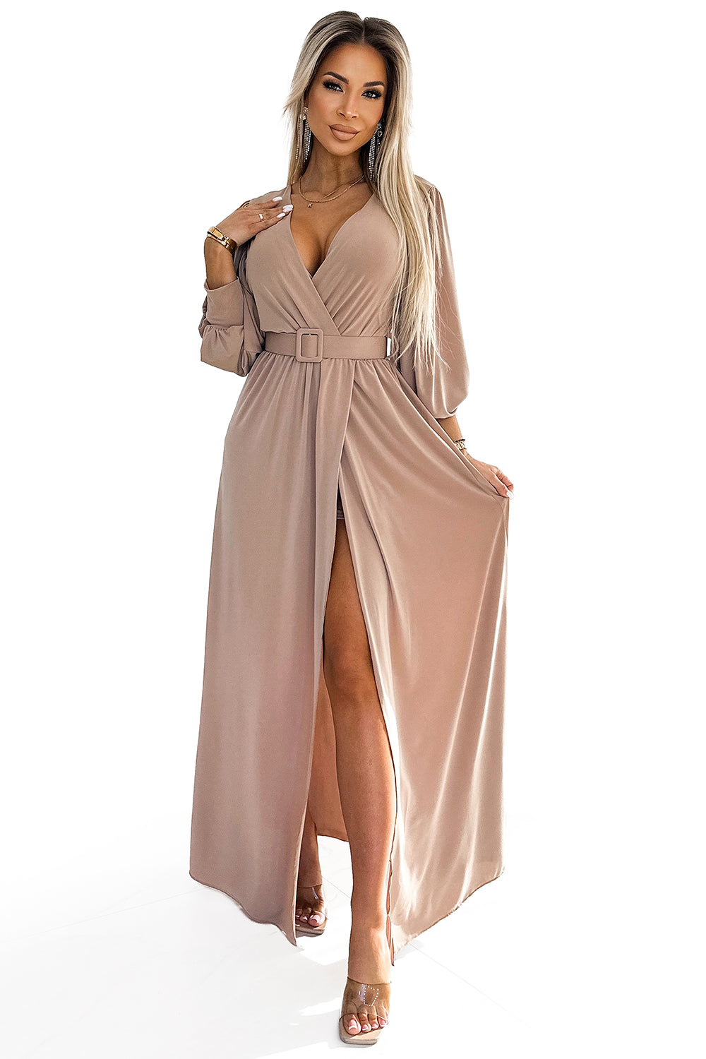 Long dress with a wide belt and neckline - beige