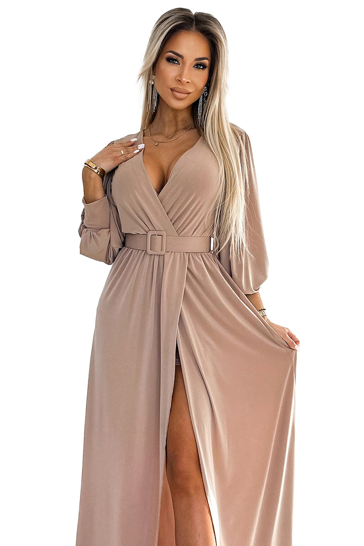 Long dress with a wide belt and neckline - beige