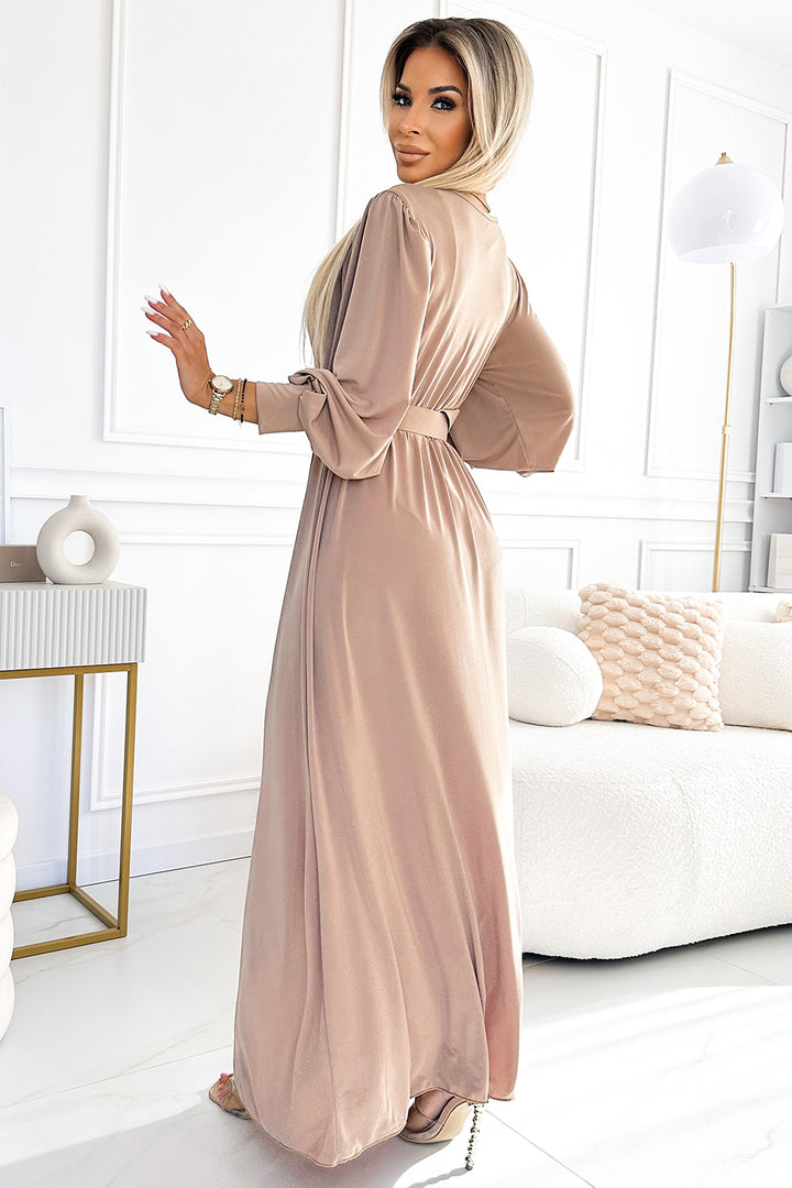 Long dress with a wide belt and neckline - beige