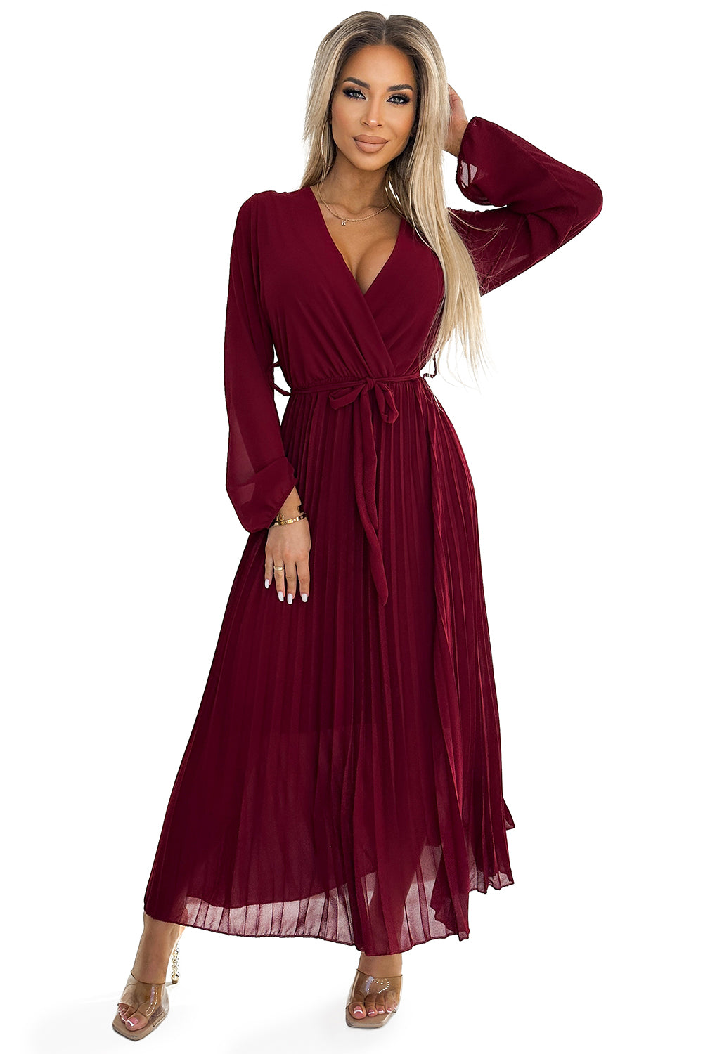 Pleated chiffon dress with scoop neckline; long sleeves and tied belt - burgundy