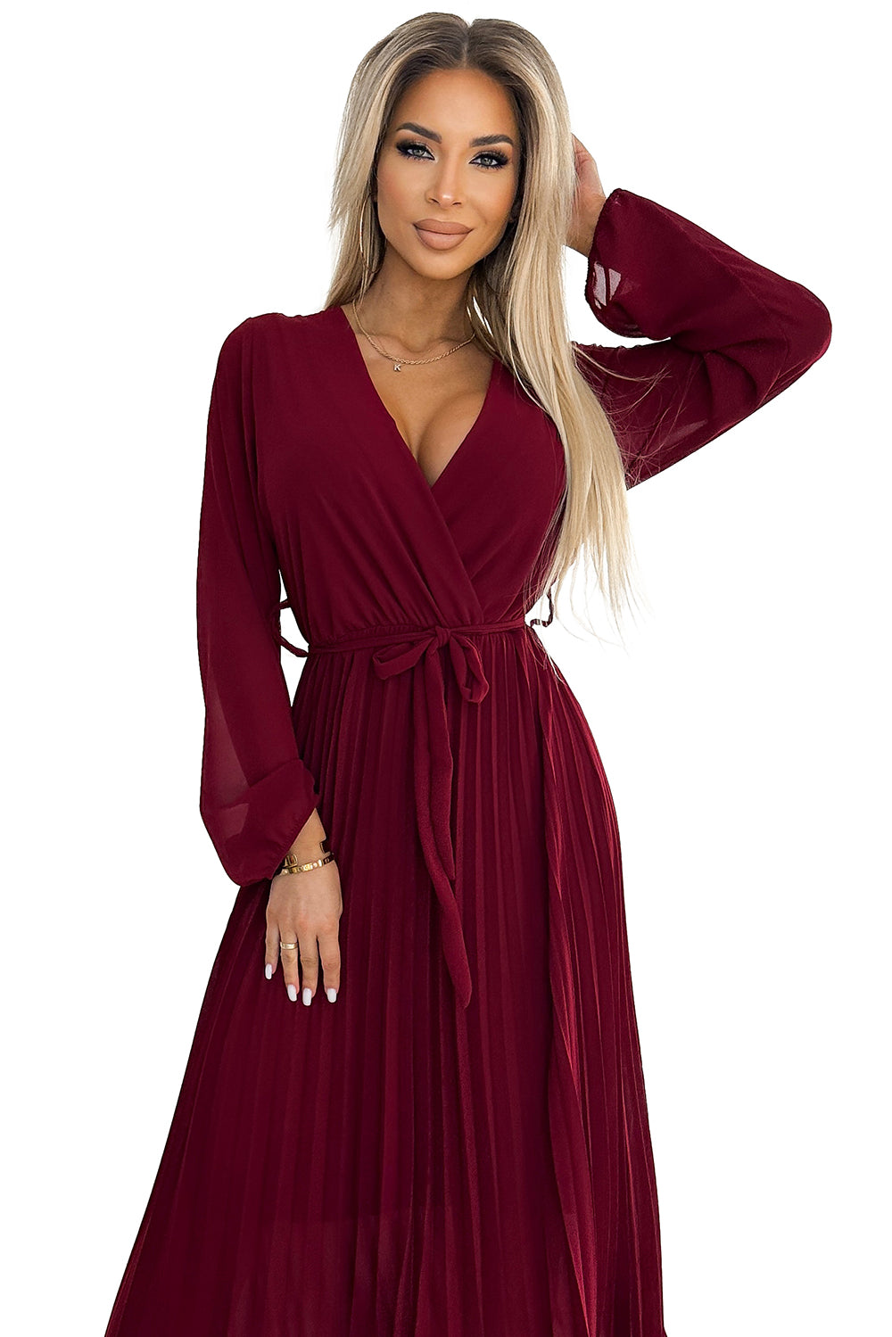 Pleated chiffon dress with scoop neckline; long sleeves and tied belt - burgundy