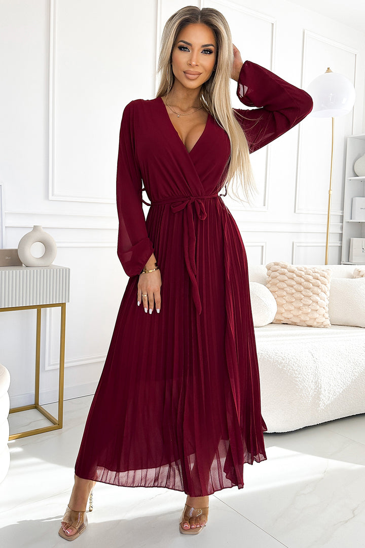 Pleated chiffon dress with scoop neckline; long sleeves and tied belt - burgundy