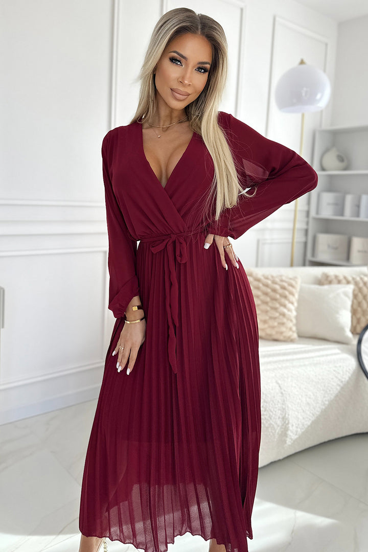 Pleated chiffon dress with scoop neckline; long sleeves and tied belt - burgundy