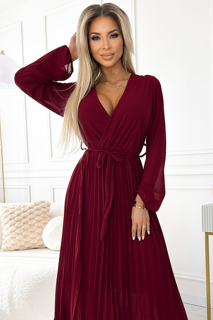 Pleated chiffon dress with scoop neckline; long sleeves and tied belt - burgundy