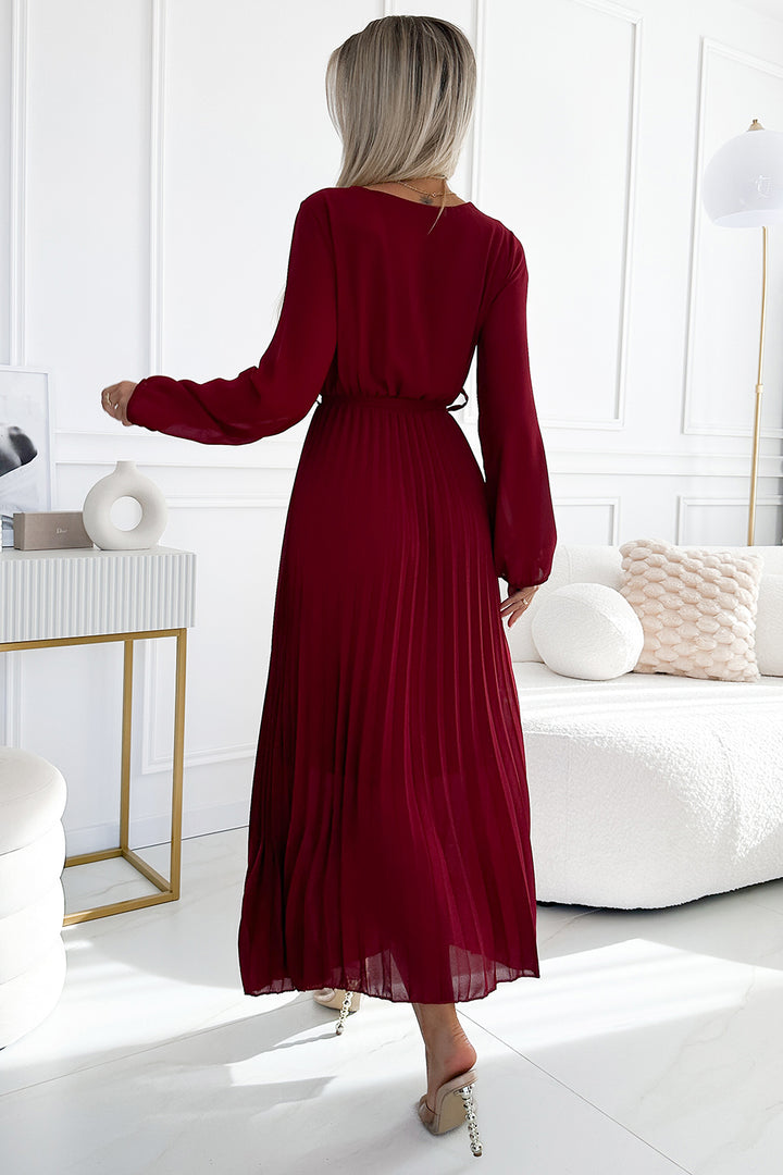 Pleated chiffon dress with scoop neckline; long sleeves and tied belt - burgundy