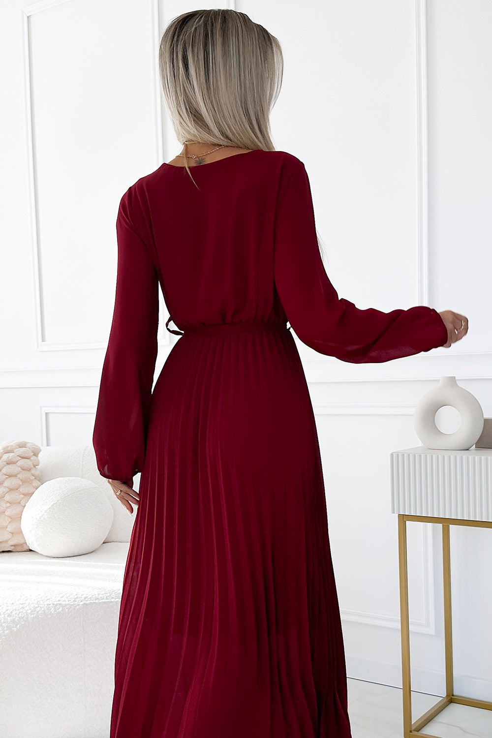 Pleated chiffon dress with scoop neckline; long sleeves and tied belt - burgundy