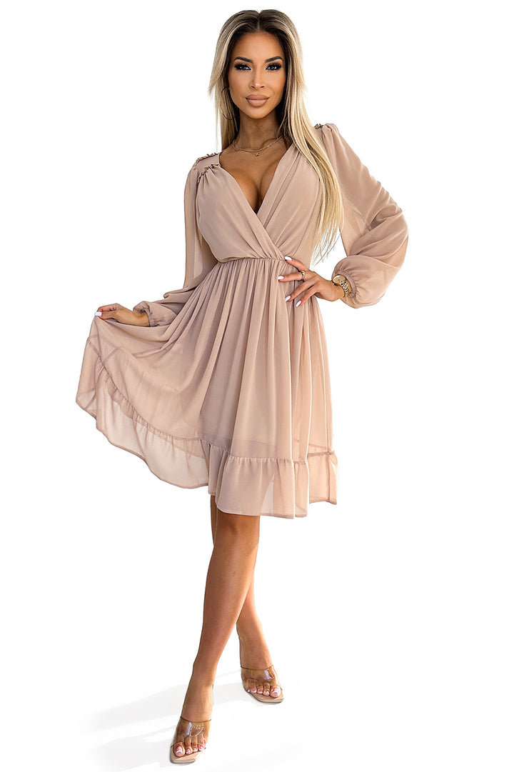 Chiffon midi dress with long sleeves and neckline - beige