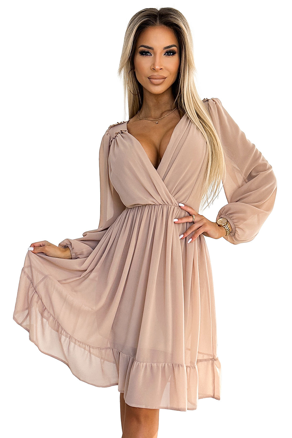 Chiffon midi dress with long sleeves and neckline - beige