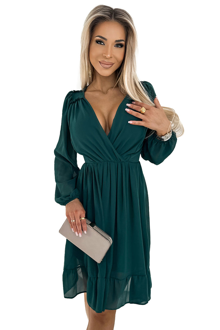 Chiffon midi dress with long sleeves and neckline - green