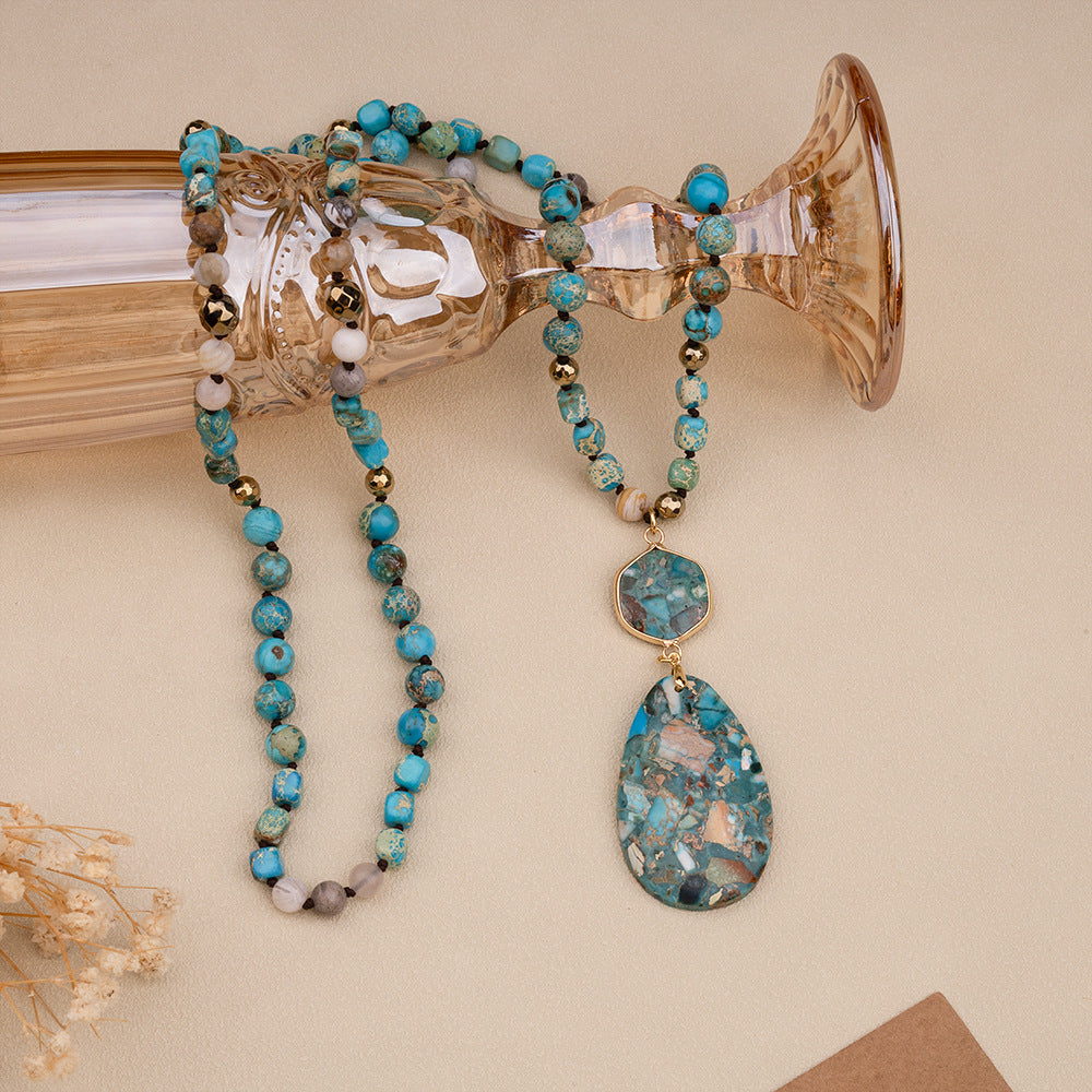 Bohemian Natural Stone Blue Teardrop Knotted Necklace – Handmade Turquoise Jewelry