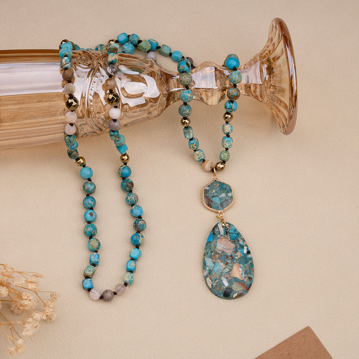 Bohemian Natural Stone Blue Teardrop Knotted Necklace – Handmade Turquoise Jewelry