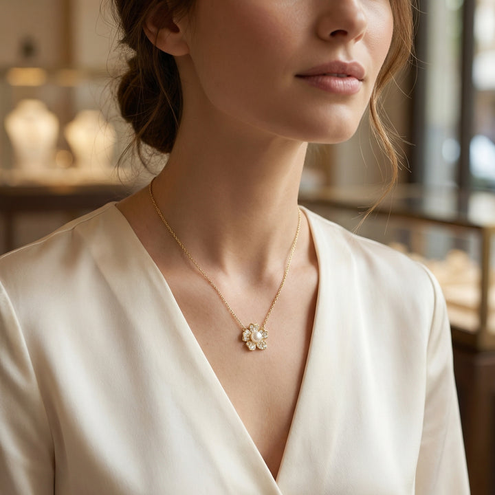✨ 925 Sterling Silver Pearl & Diamond Blossom Necklace