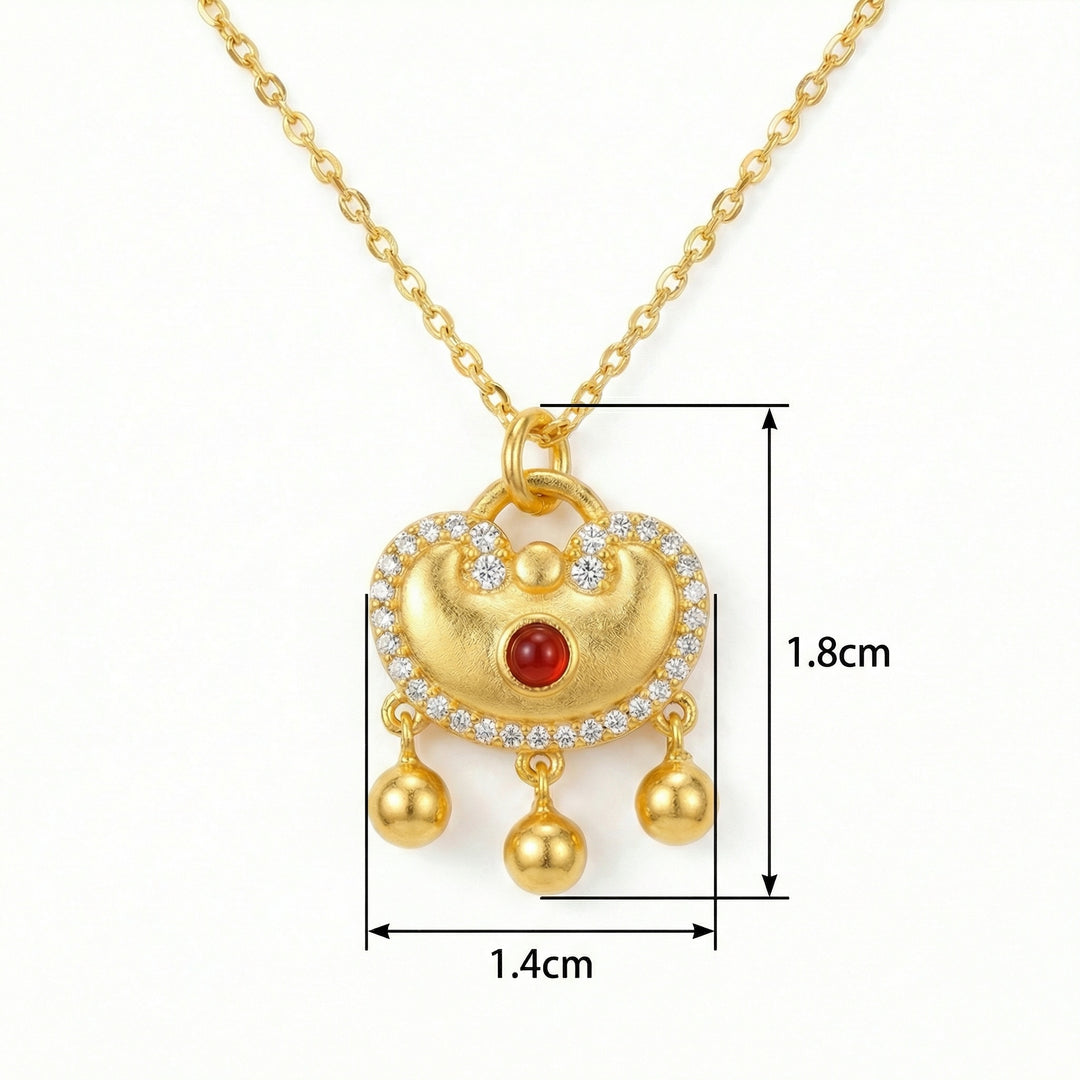 925 Sterling Silver Ruyi Lock Necklace – Red Stone Pendant with Bell Charms