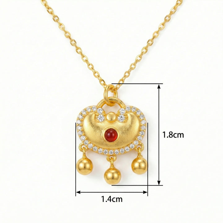 925 Sterling Silver Ruyi Lock Necklace – Red Stone Pendant with Bell Charms