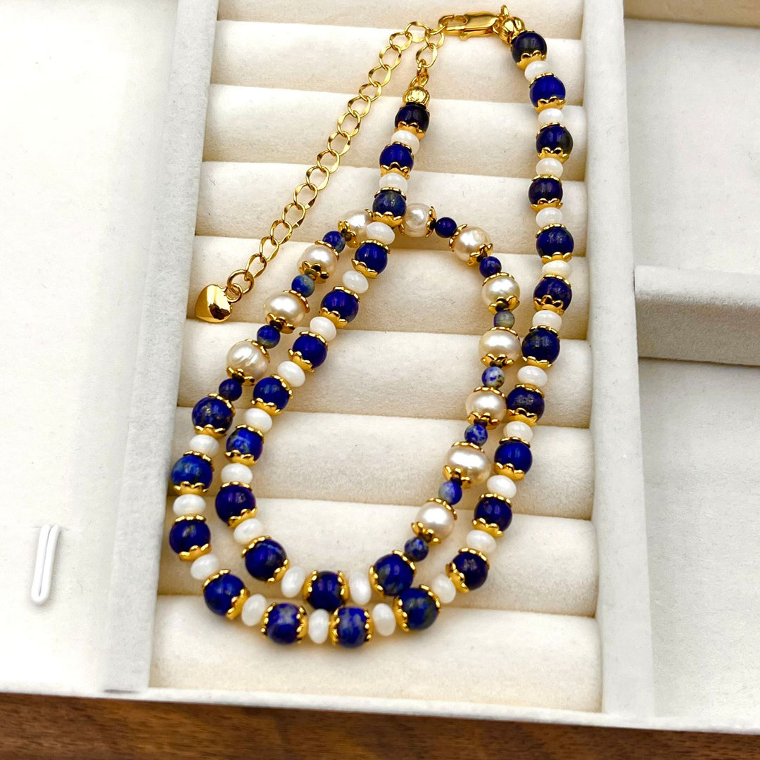 Retro Lapis Stone & Pearl Necklace for Women – Elegant Vintage Fashion Jewelry