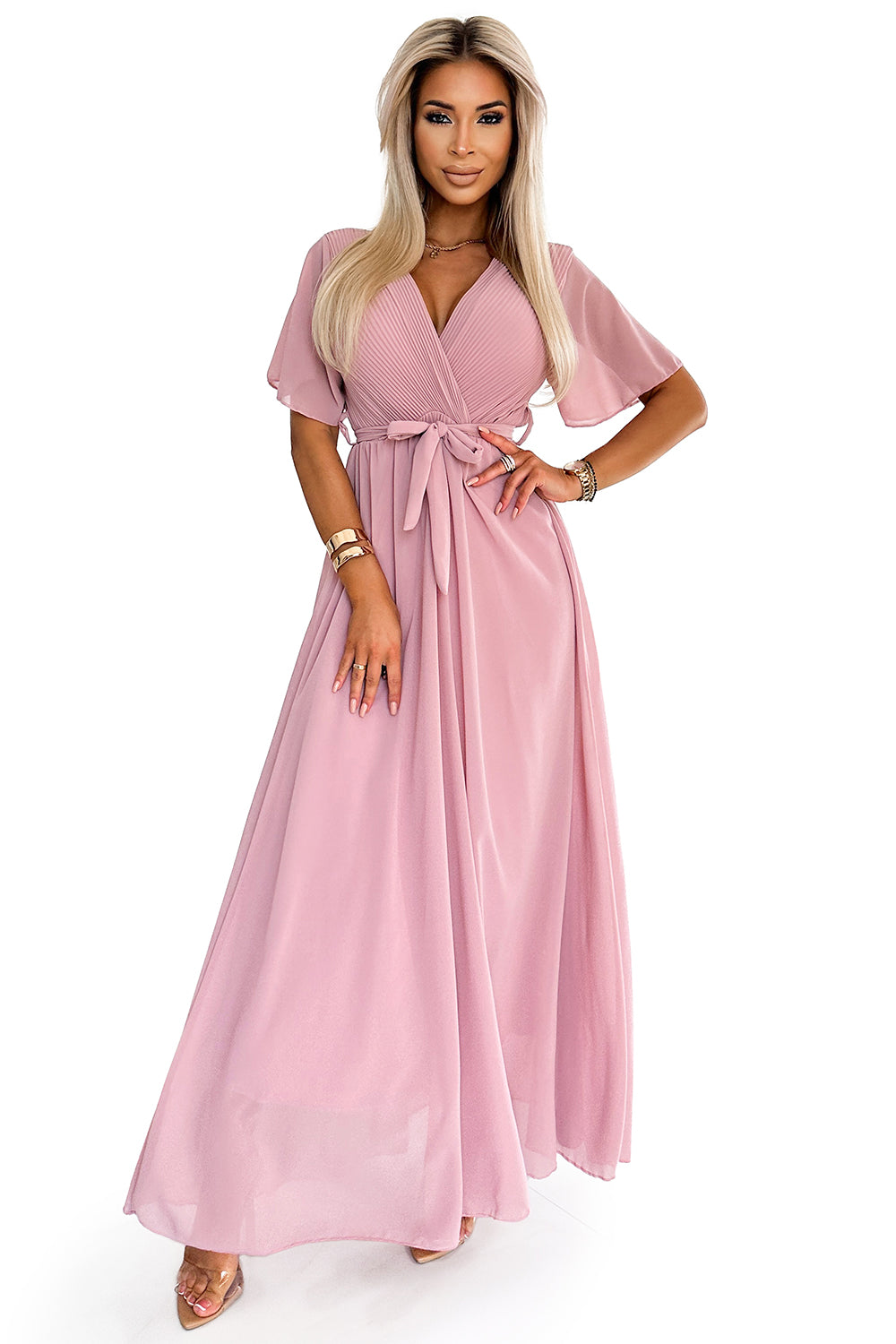 Long dress with a pleated neckline and ties - powder pink