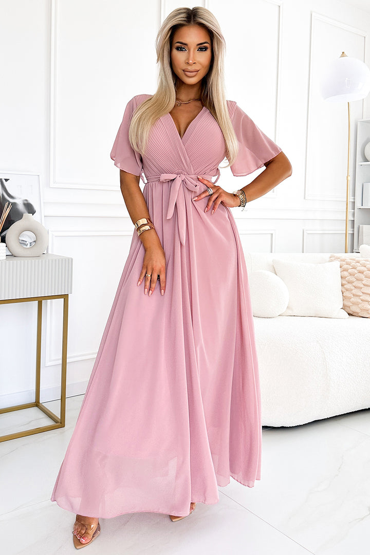 Long dress with a pleated neckline and ties - powder pink