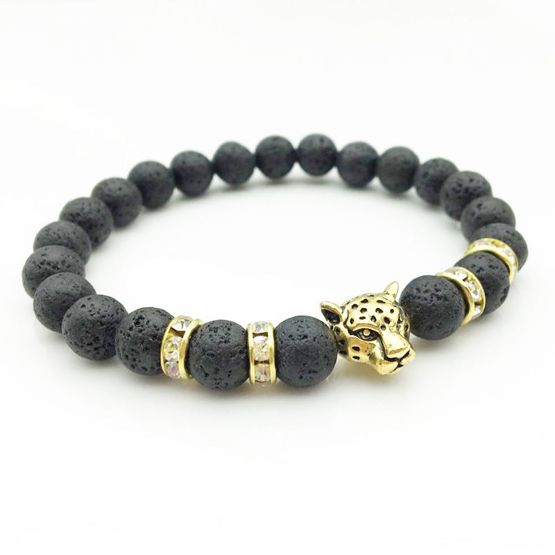 8mm Natural Lava Stone Leopard Head Bracelet for Men