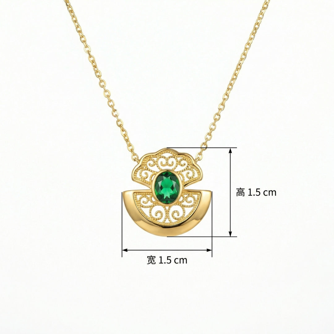 💚 Emerald-Tone Filigree Pendant Necklace