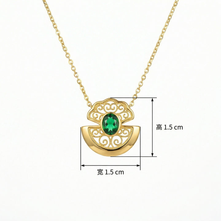 💚 Emerald-Tone Filigree Pendant Necklace
