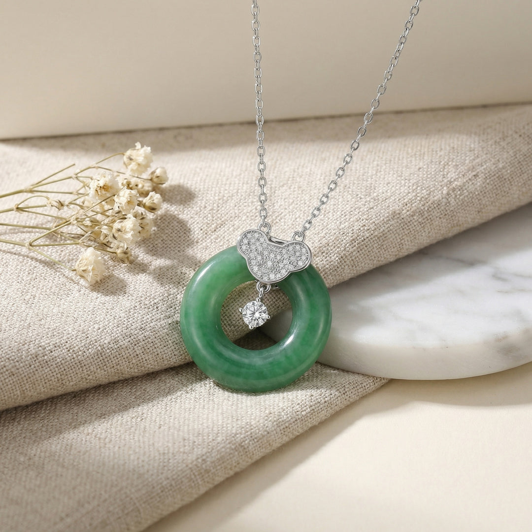 925 Sterling Silver Elegant Green Jade Donut Pendant Necklace with Sparkling Crystal Accents
