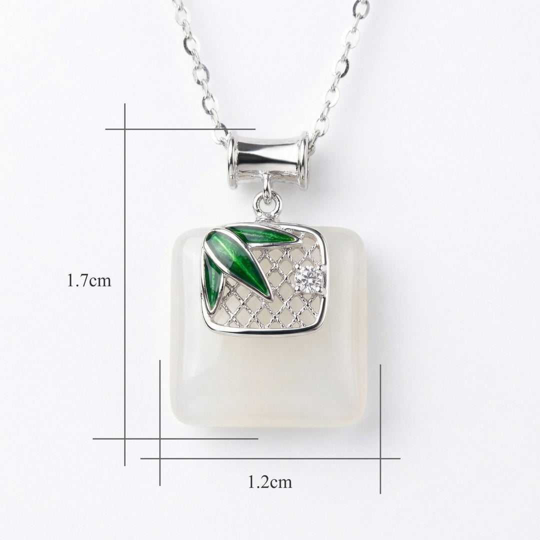 925 Sterling Silver Bamboo Pendant Necklace – Square White Gemstone with Sparkling Accent