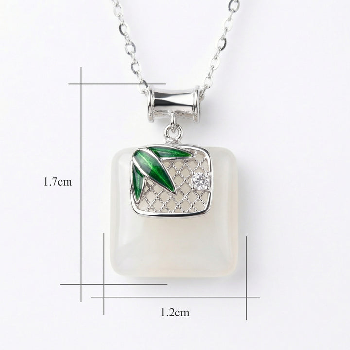 925 Sterling Silver Bamboo Pendant Necklace – Square White Gemstone with Sparkling Accent