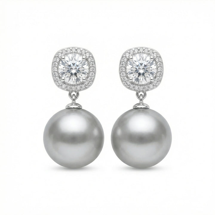 ✨ 925 Sterling Silver Grey South Sea Pearl & Cushion Diamond Halo Drop Earrings ✨