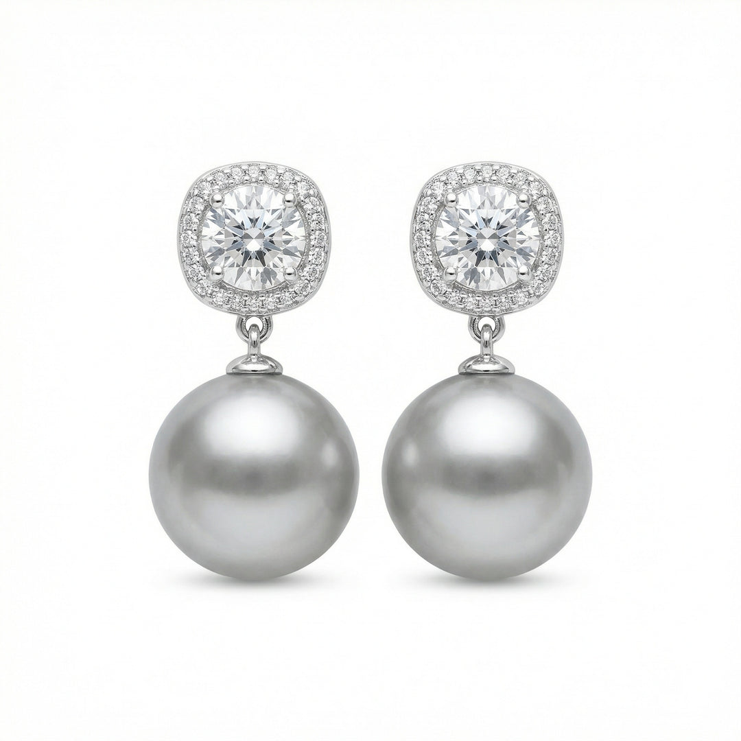 ✨ 925 Sterling Silver Grey South Sea Pearl & Cushion Diamond Halo Drop Earrings ✨
