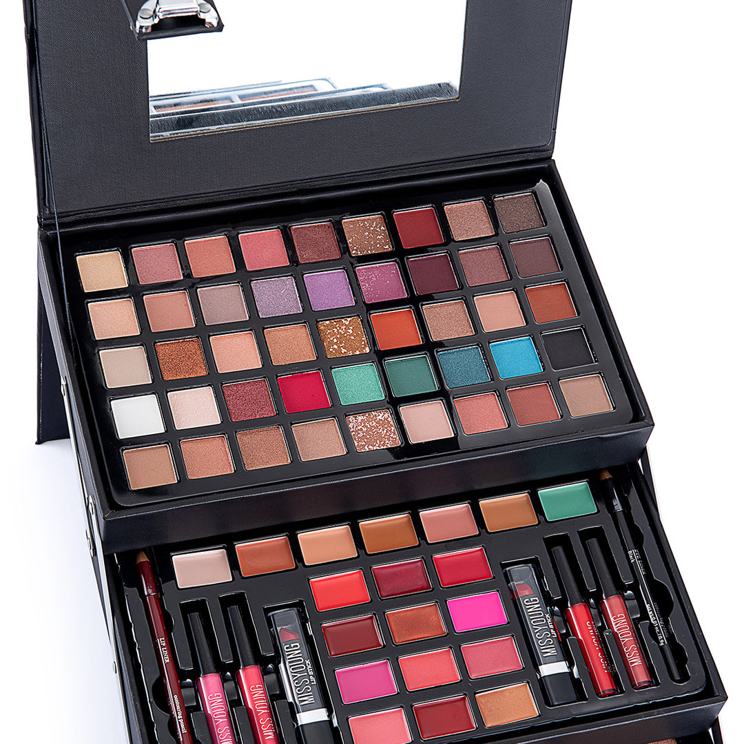💄 All-in-One Eye Shadow & Lip Gloss Cosmetic Set – Full Makeup Kit (Black & Pink) ✨