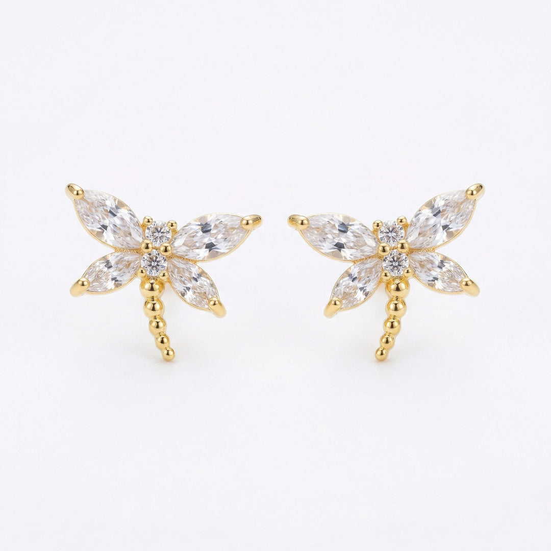 ✨ 925 Sterling Silver Sparkling Marquise Crystal Dragonfly Stud Earrings – Gilded Finish ✨