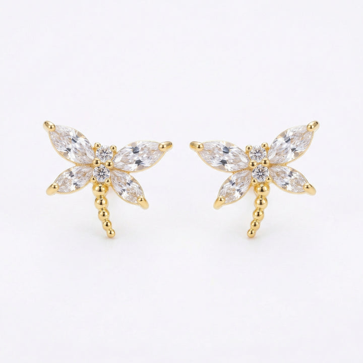 ✨ 925 Sterling Silver Sparkling Marquise Crystal Dragonfly Stud Earrings – Gilded Finish ✨