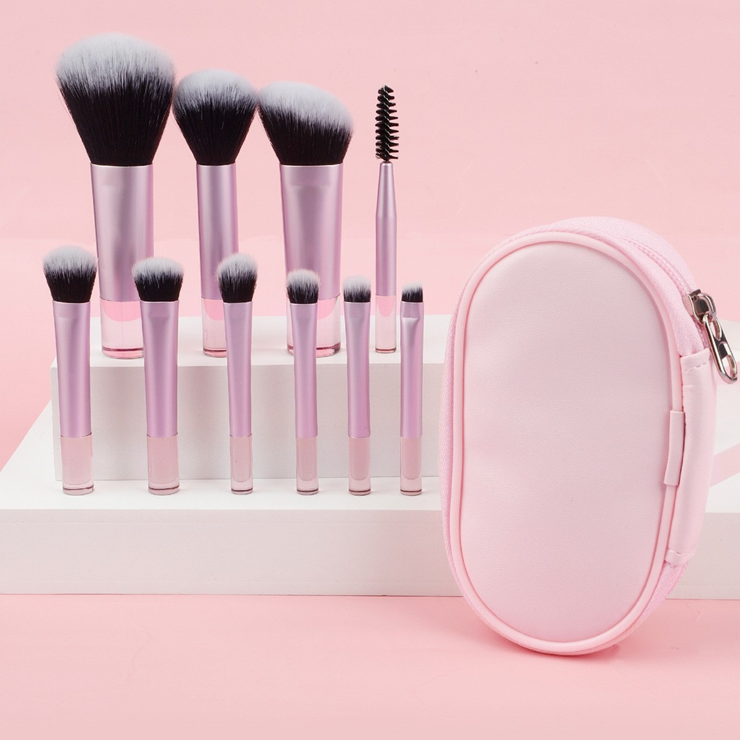 🖌️ 10-Piece Short Handle Makeup Brush Set – Black Fiber Hair with Storage Bag 💄✨