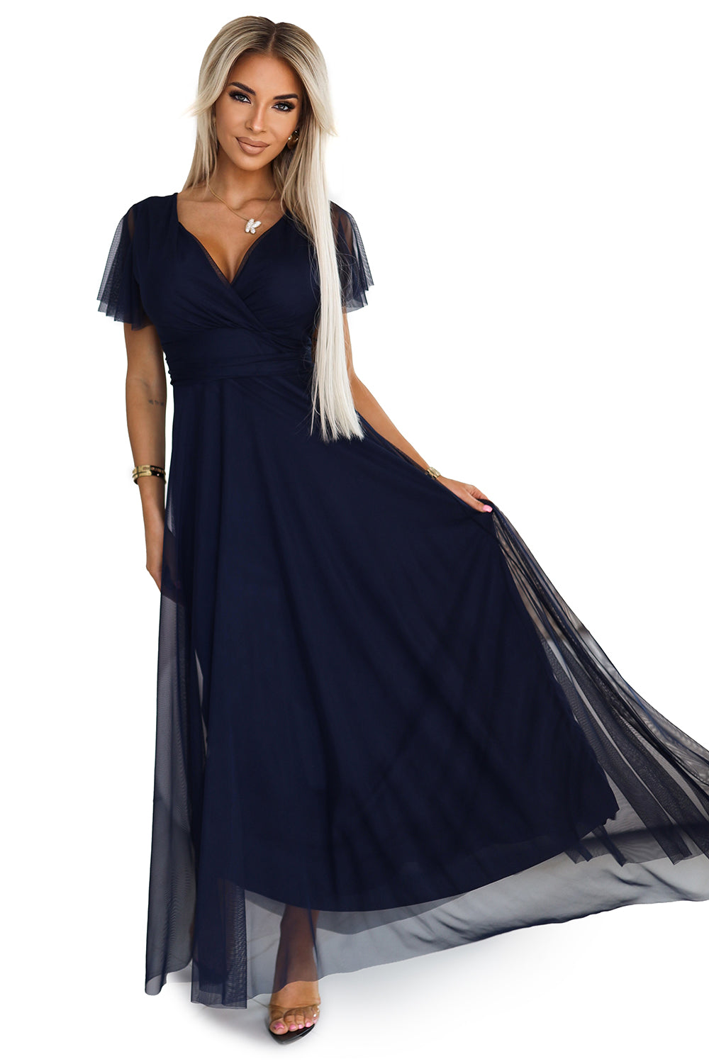 NASTIA Long dress with neckline and short sleeves - navy blue