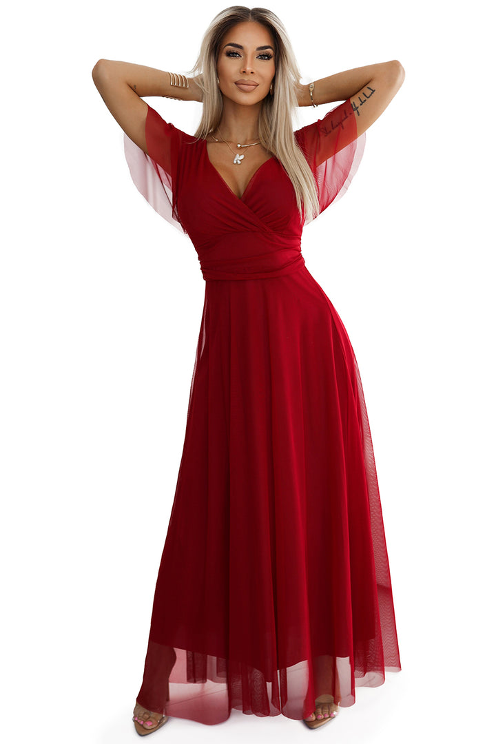 NASTIA Long dress with neckline and short sleeves - burgundy