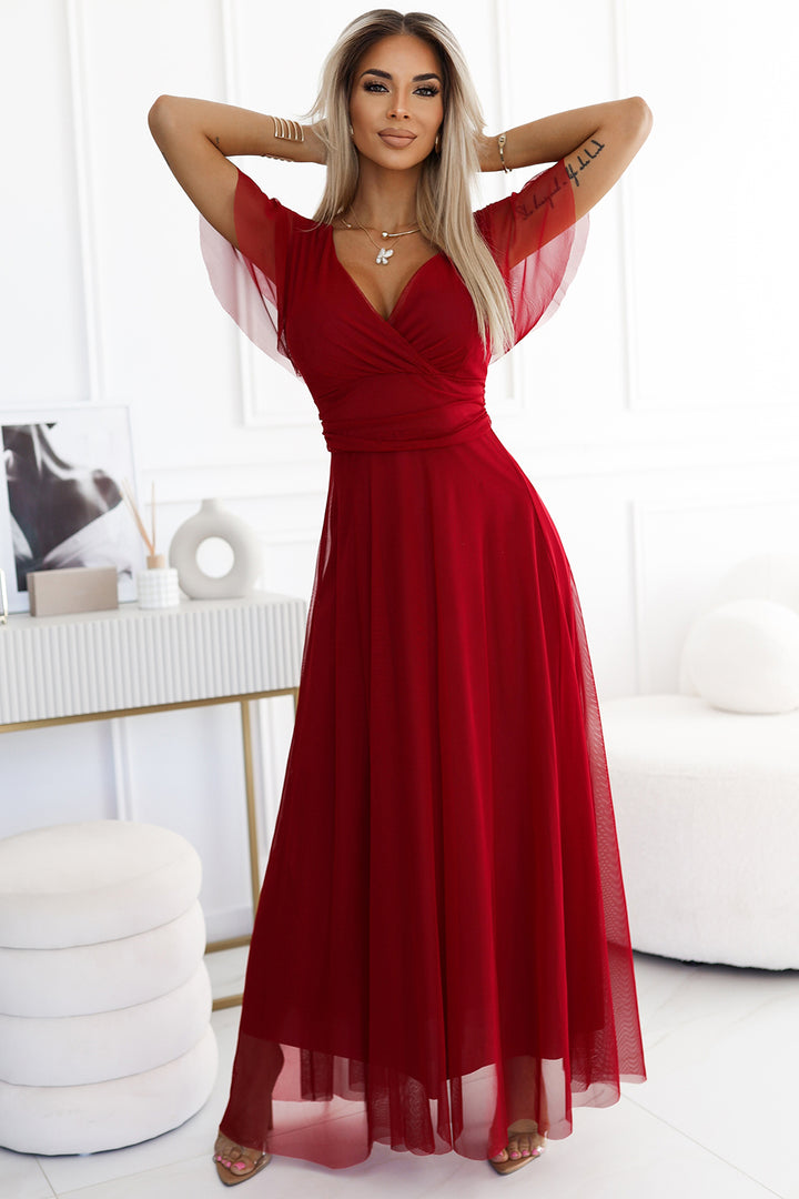 NASTIA Long dress with neckline and short sleeves - burgundy