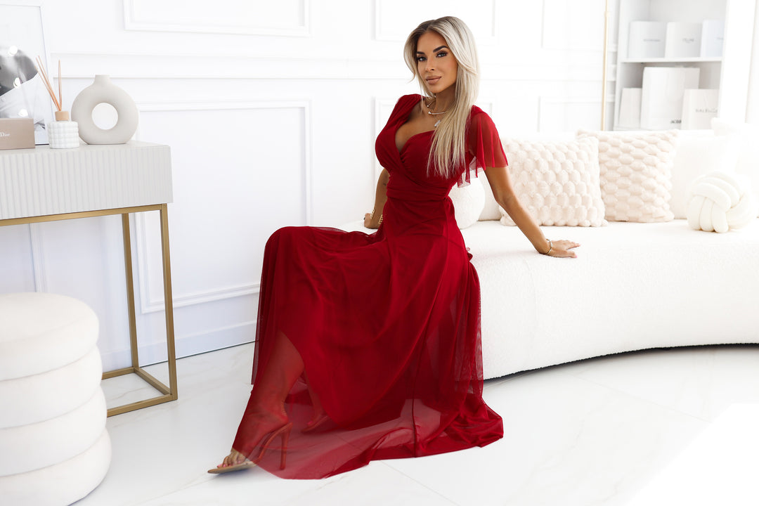 NASTIA Long dress with neckline and short sleeves - burgundy