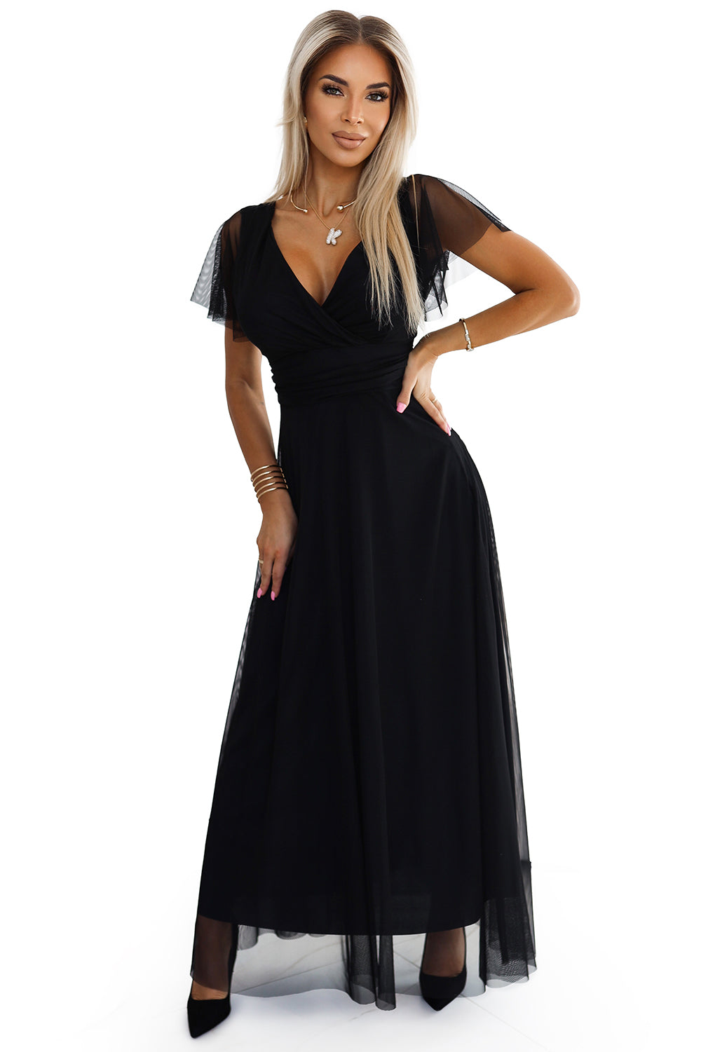 NASTIA Long dress with neckline and short sleeves - black