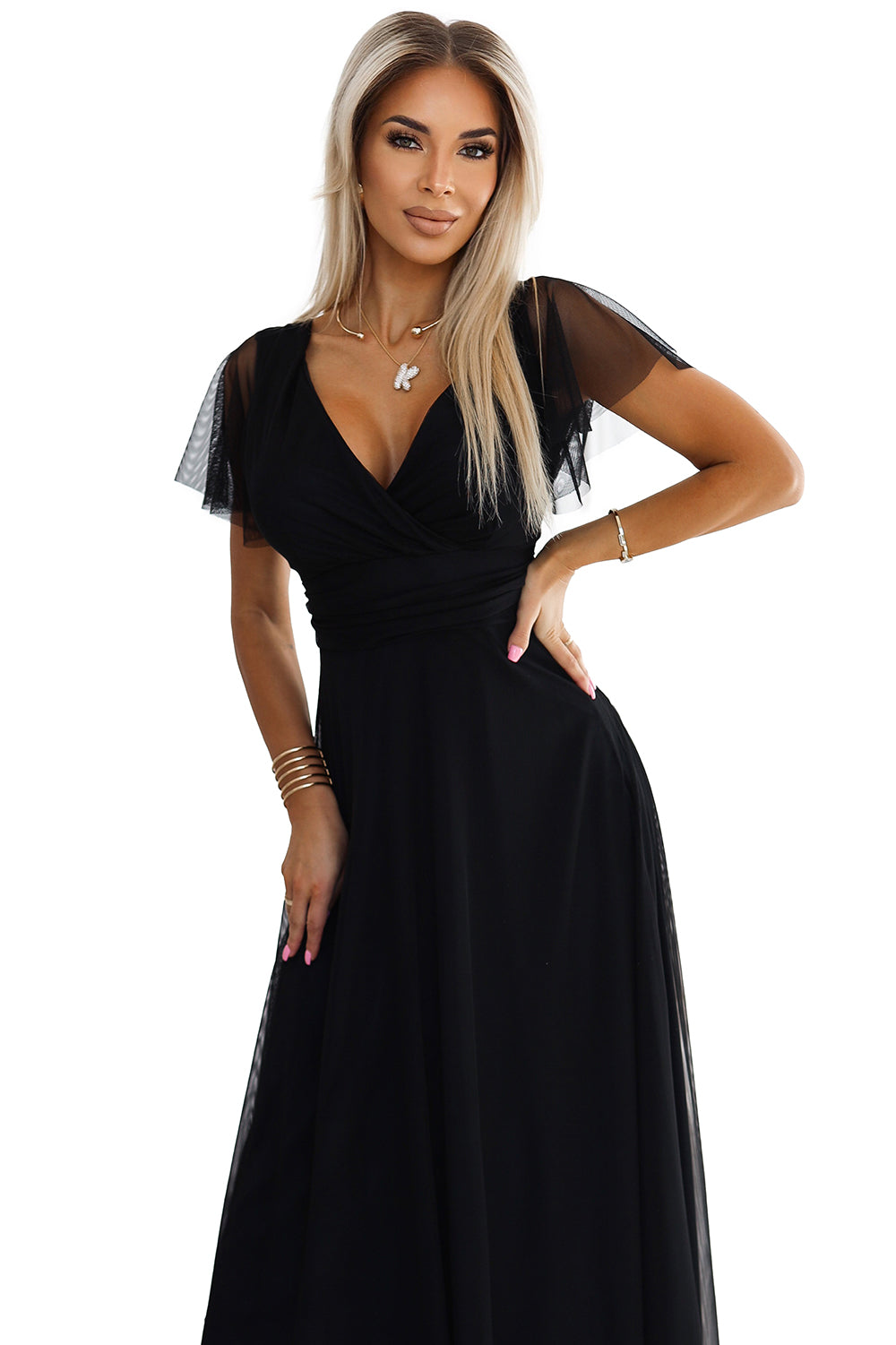 NASTIA Long dress with neckline and short sleeves - black