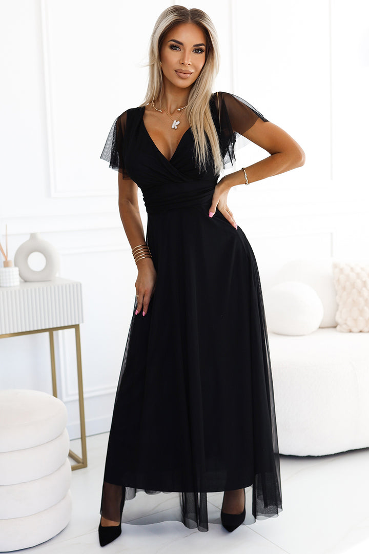 NASTIA Long dress with neckline and short sleeves - black