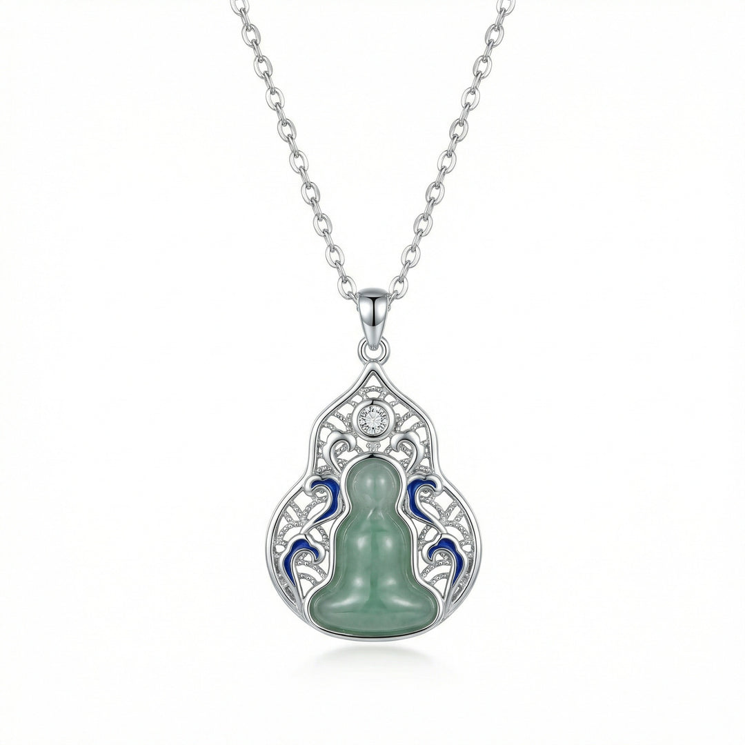 925 Sterling Silver Green Jadeite Double Gourd Pendant Necklace