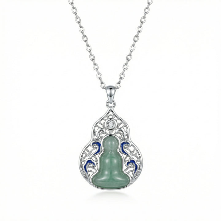 925 Sterling Silver Green Jadeite Double Gourd Pendant Necklace