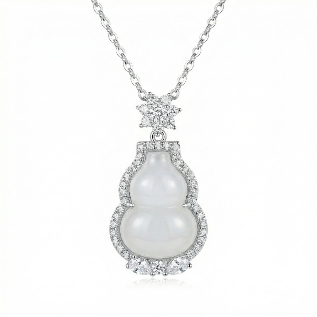 925 Sterling Silver Elegant White Jade Gourd Pendant Necklace with Sparkling Crystal Accents