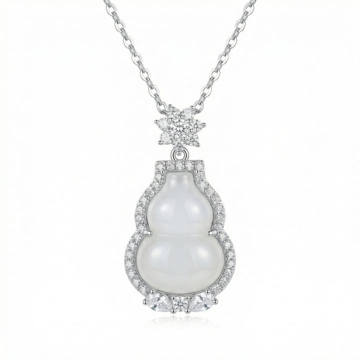 925 Sterling Silver Elegant White Jade Gourd Pendant Necklace with Sparkling Crystal Accents