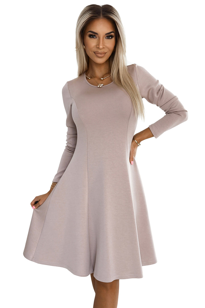 Comfortable long sleeve trapeze dress - beige