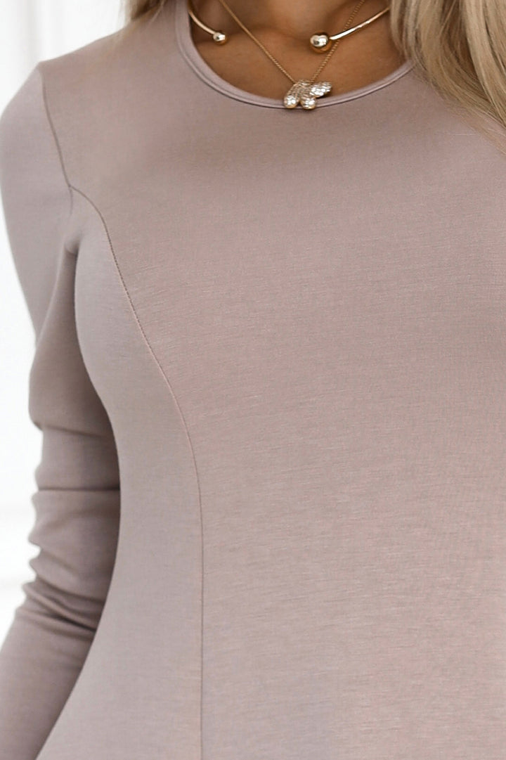 Comfortable long sleeve trapeze dress - beige