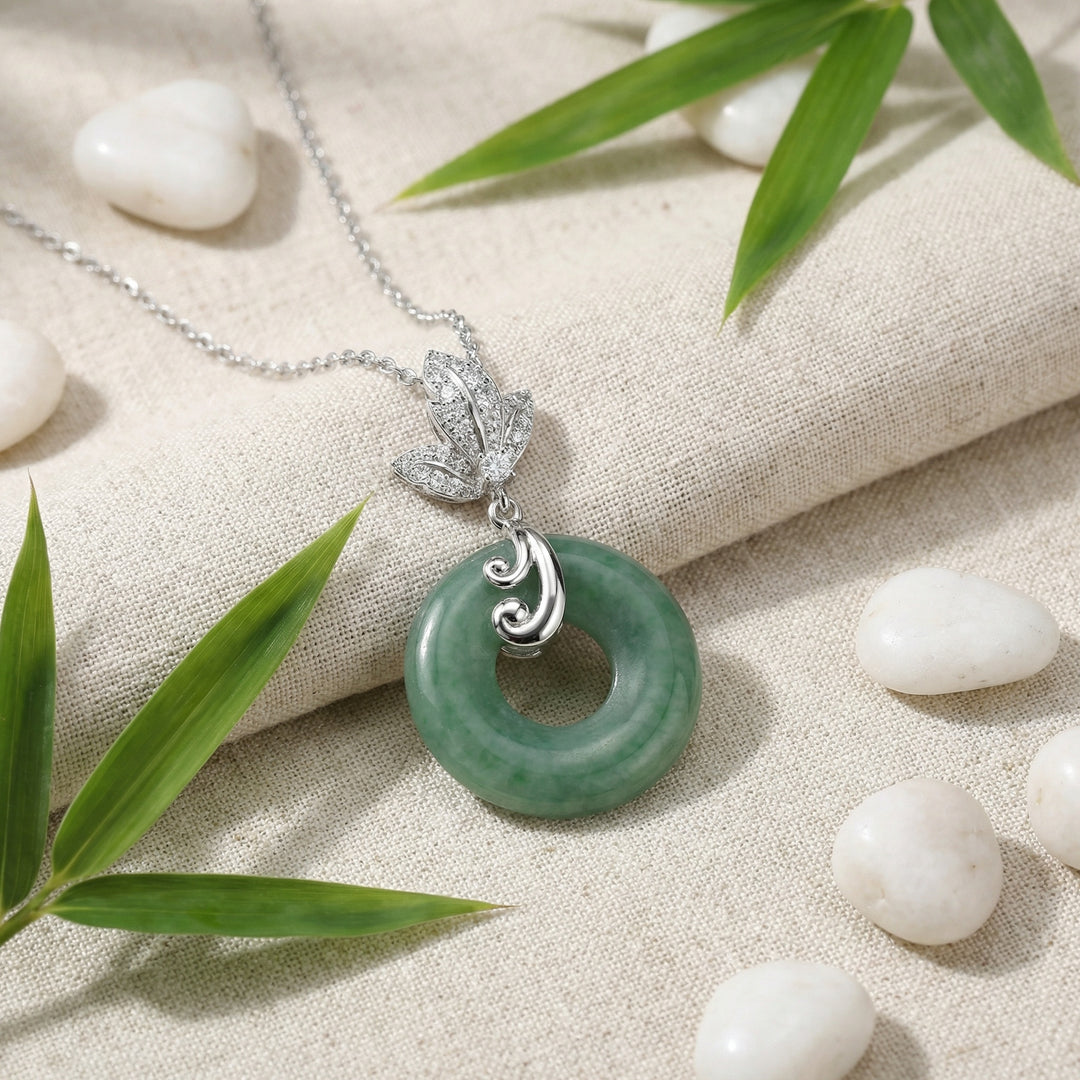 925 Sterling Silver Elegant Green Jade Donut Pendant Necklace with Sparkling Floral Bale and Silver Chain