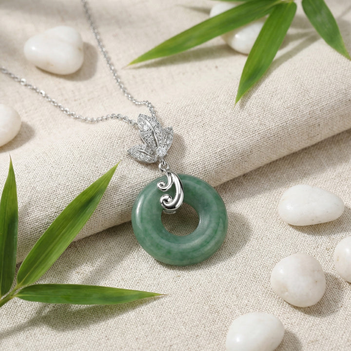 925 Sterling Silver Elegant Green Jade Donut Pendant Necklace with Sparkling Floral Bale and Silver Chain